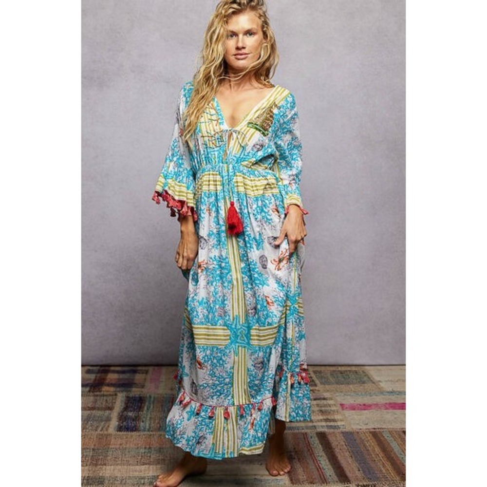 POL Coastal Blue Coral Print Tassel Maxi Dress Bell Sleeve Boho OB884523‎